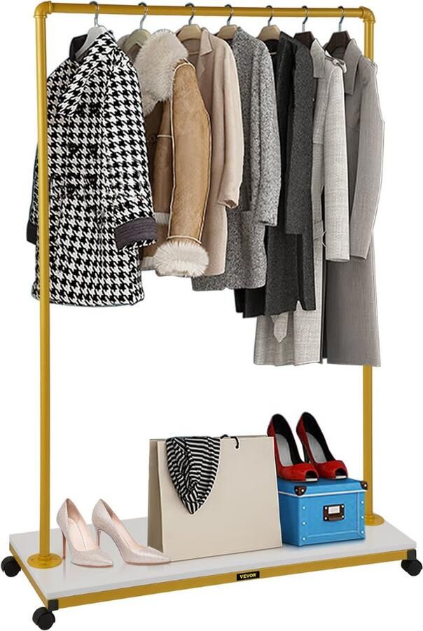 AvenaSmooth Kledingrek op wieltjes Mobiel Kledingrek Metaal kledingstandaard met kledingstang kledingroede Garderoberek Luxe geborsteld goud Draagvermogen Tot 68 Kg 100x36x150cm