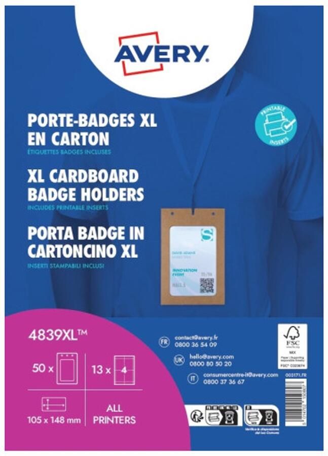 Avery 4839XL badge & badgehouder Karton 50 stuk(s)