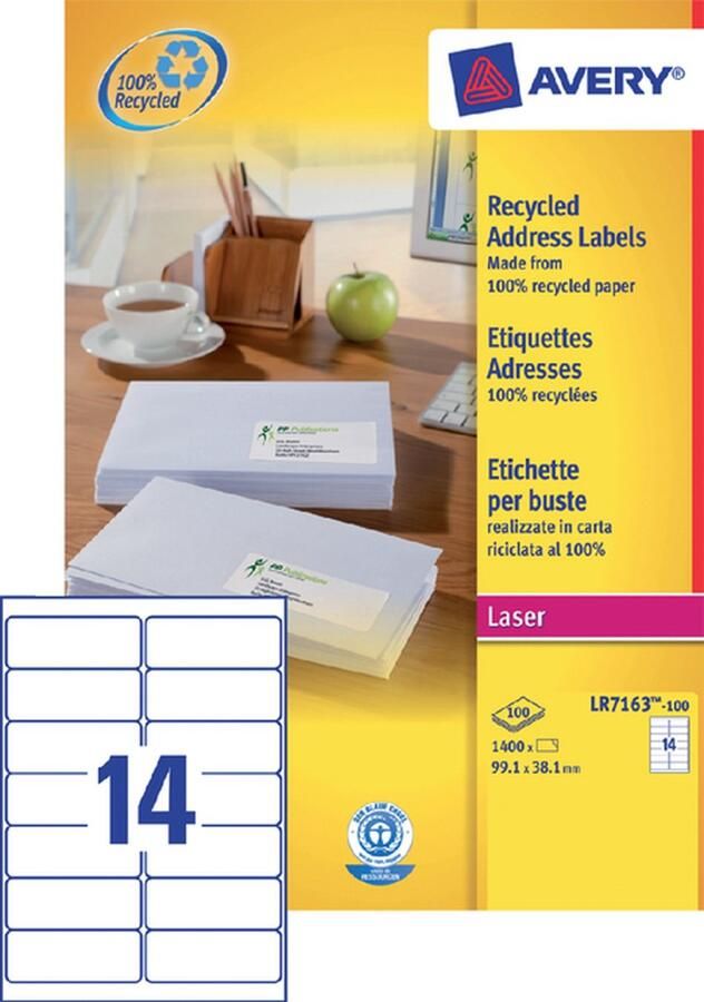 Avery Etiket LR7163-100 99.1x38.1mm recycled wit 1400 etiketten