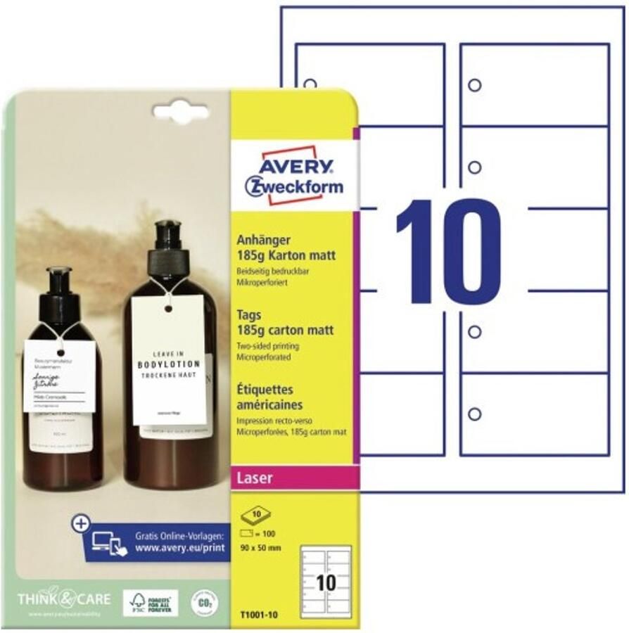 Avery Zweckform Avery-Zweckform T1001-10 Labels 90 x 50 mm Karton Wit 100 stuk(s) Niet hechtend Laser (kleur) Laser (zwart wit)