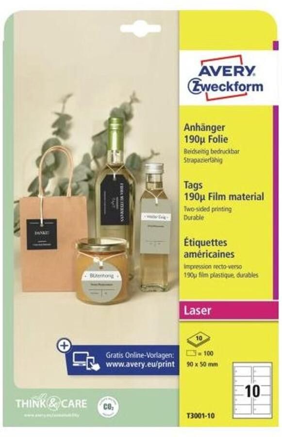 Avery-Zweckform T3001-10 Labels 90 x 50 mm Polyester Wit 100 stuk(s) Niet hechtend Laser (kleur) Laser (zwart wit)