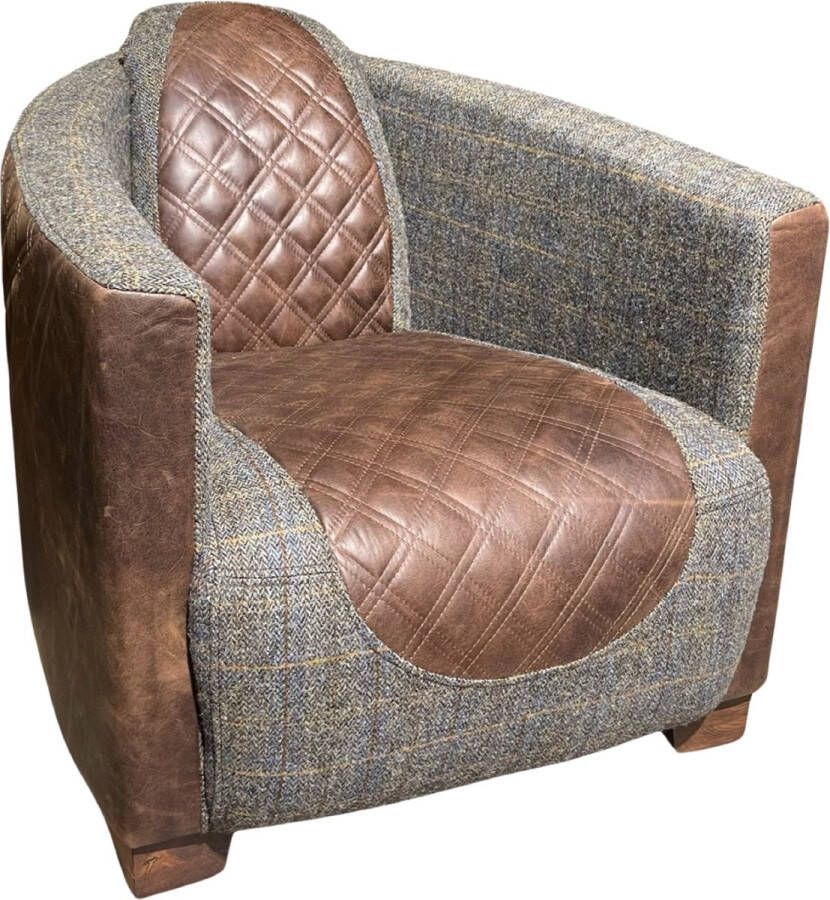 Aviator club fauteuil piloten stoel Vintage bruin leer met Harris tweed stof