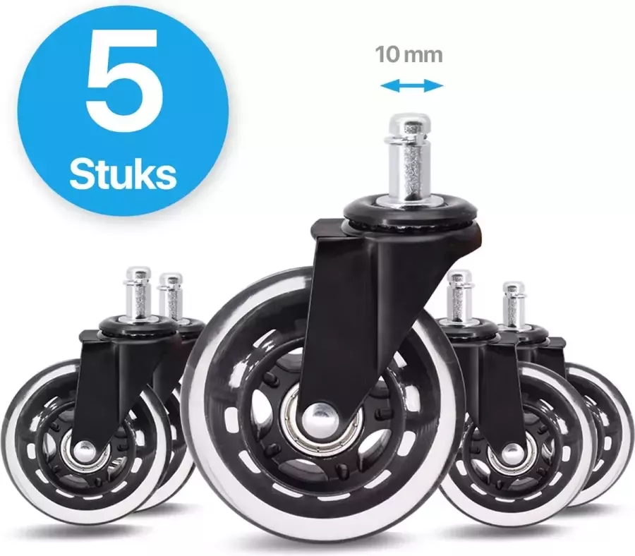AVINT GOODS Bureaustoelwieltjes – Set van 5 – 10mm Universele Zwenkwielen – Geruisloos & Krasvrij – Voor Harde Vloeren Laminaat & Tegels – Zonder Vloerbeschermer