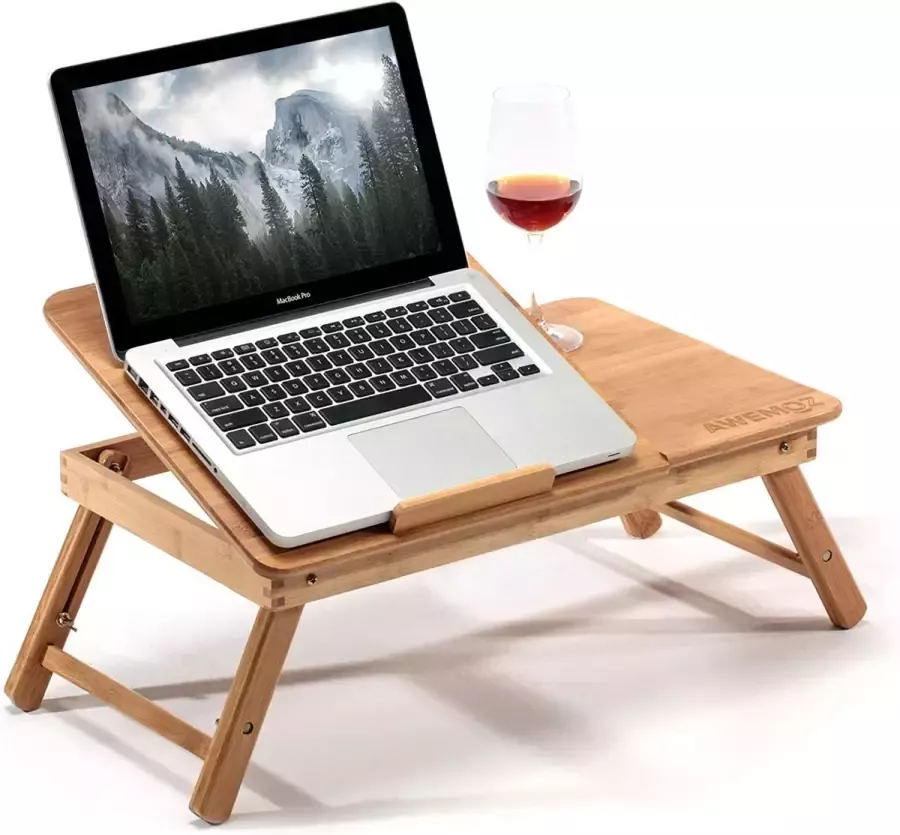 AWEMOZ Laptoptafel Laptop Standaard Laptoptafel Verstelbaar Bamboe Hout Bedtafel Laptopstandaard Computertafel Klaptafel Laptop Verhoger Bijzettafel L Cadeau voor Mannen en Vrouwen