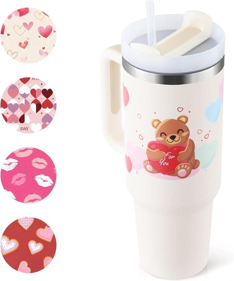 Ayangoods Thermosbeker voor Kinderen met Rietje en Handvat 1200 ml Roestvrij Staal voor Warme en Koude Dranken Vacuüm Drinkbeker Geschenk voor Studenten Tieners Kinderen Vrienden Crème Witte Beer