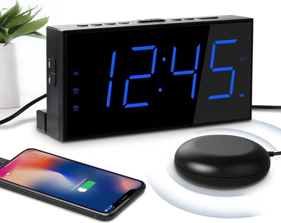 Ayangoods Extra Luide Wekker met Bed Vibratie Wekkeralarm voor Diepe Slapers en Slechthorenden Dubbele Wekker Groot Display USB Oplader Dimmer Slaapstand