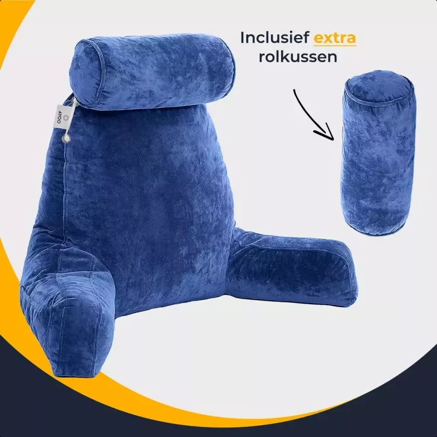 Ayoo Leeskussen Bookseat Leeskussen voor in Bed Leeskussen voor Boeken Meditatiekussen Ontspanningskussen Relax Kussen Zitkussen Rugsteun Twee Kussenrollen Traagschuim Extra Vulling Fluweel Marineblauw