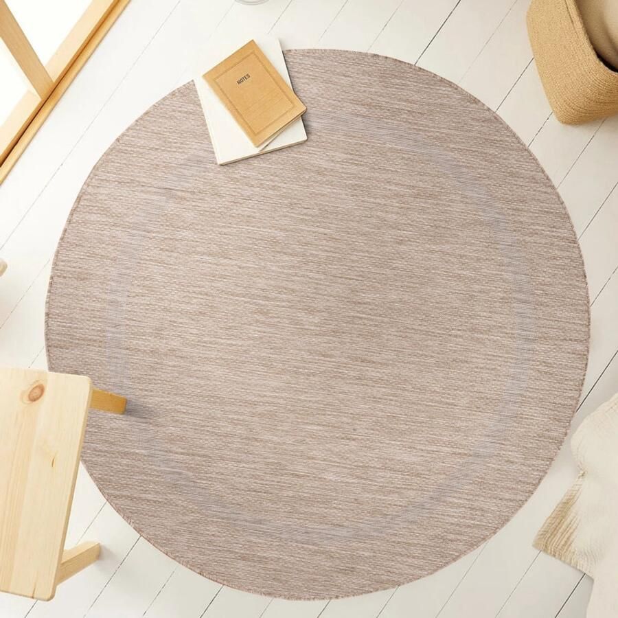 Ayyildiz Relax Vloerkleed – Beige – Laagpolig Kaderdesign – Voor Binnen & Buiten – 200x200 cm rond