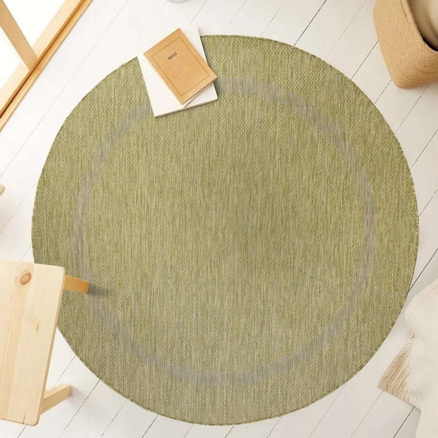 Ayyildiz Relax Vloerkleed – Groen – Laagpolig Kaderdesign – Voor Binnen & Buiten – 160x160 cm rond