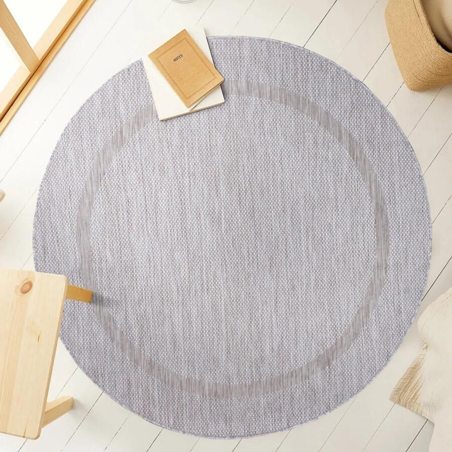 Tapijtenmagazijn Relax Vloerkleed – Zilver – Laagpolig Kaderdesign – Voor Binnen & Buiten – 200x200 cm rond