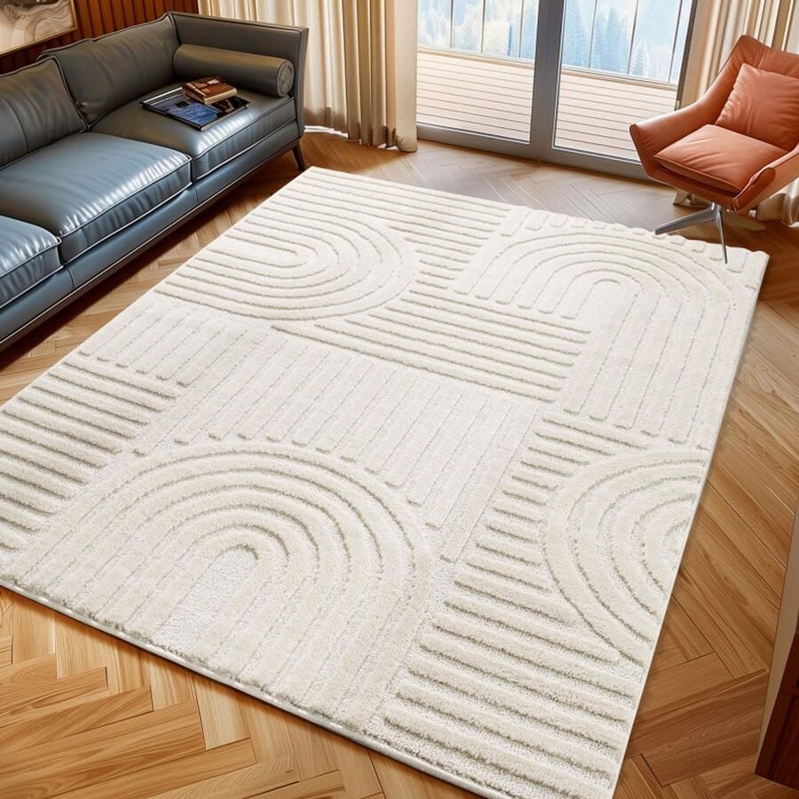 Tapijtenmagazijn Japandi Vloerkleed Crème – Scandinavisch & Japans Design – Laagpolig – 200x200 cm rond