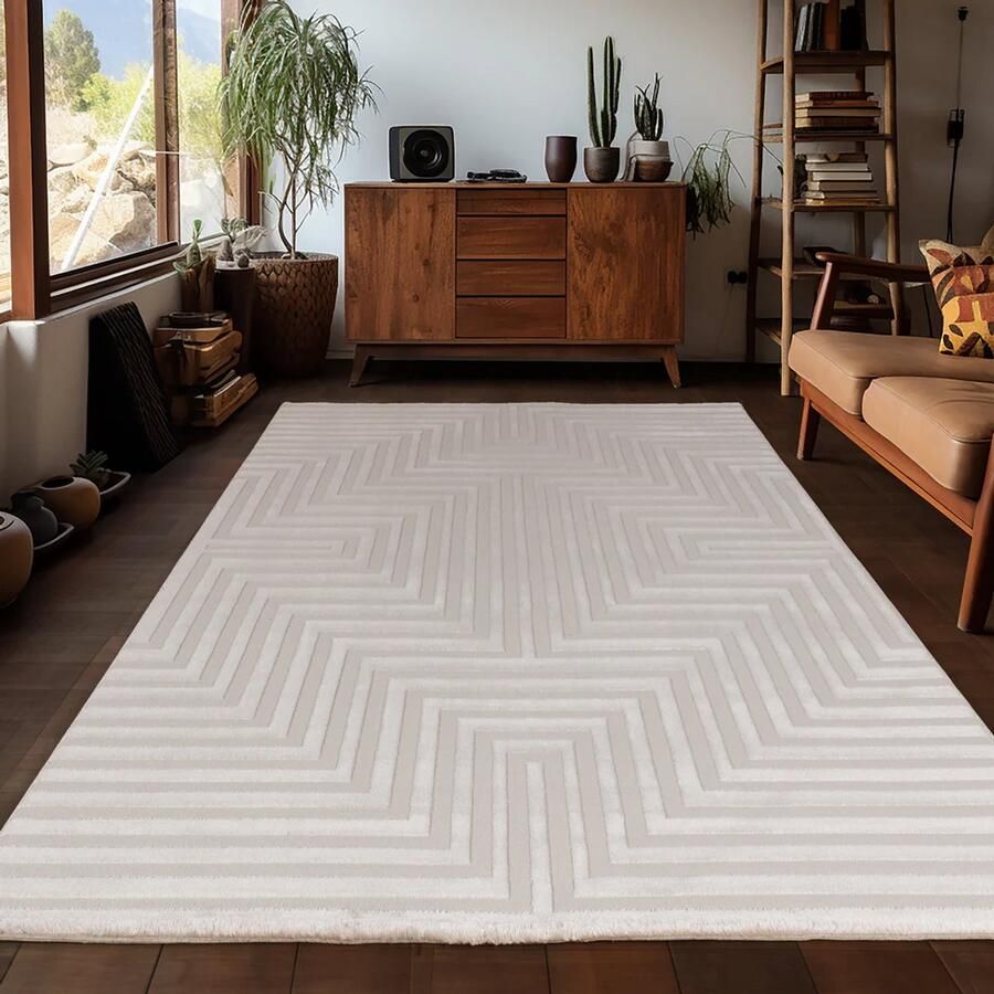Tapijtenmagazijn Sahara Vloerkleed – Beige – Laagpolig met Modern Lijnenspel – 140x200 cm