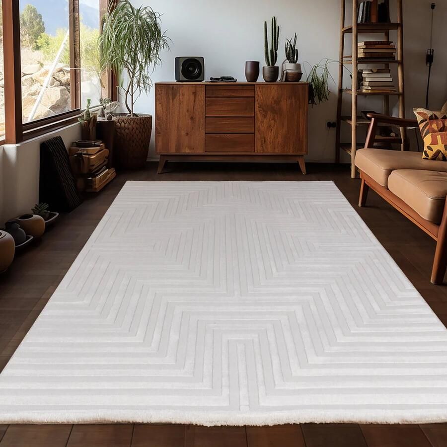 Tapijtenmagazijn Sahara Vloerkleed – Crème – Diagonaal Lijnenspel – Laagpolig & Modern – 140x200 cm