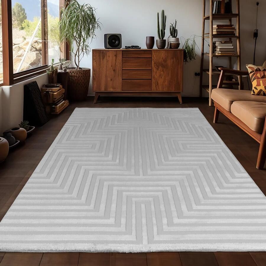 Tapijtenmagazijn Sahara Vloerkleed – Zilver – Minimalistisch Rasterpatroon – Tijdloos Design – 160x230 cm