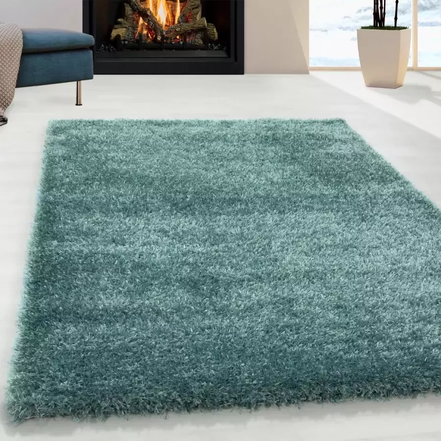 Adana Carpets Hoogpolig vloerkleed effen kleur turquoise vloerkleed voor de woonkamer jute achterkant afmeting: 200 cm x 290 cm - Foto 2