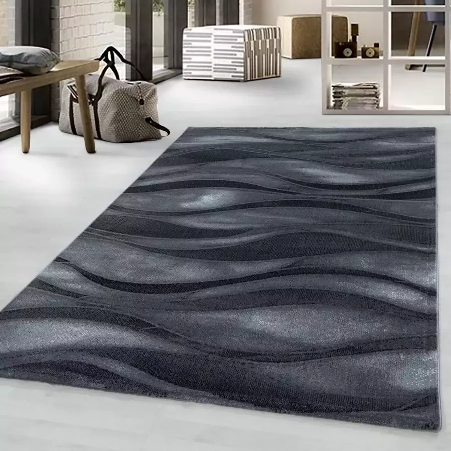 Ayyildiz Design vloerkleed voor woonkamer Laagpolig vloerkleed Abstract Waves Pattern Black Pile