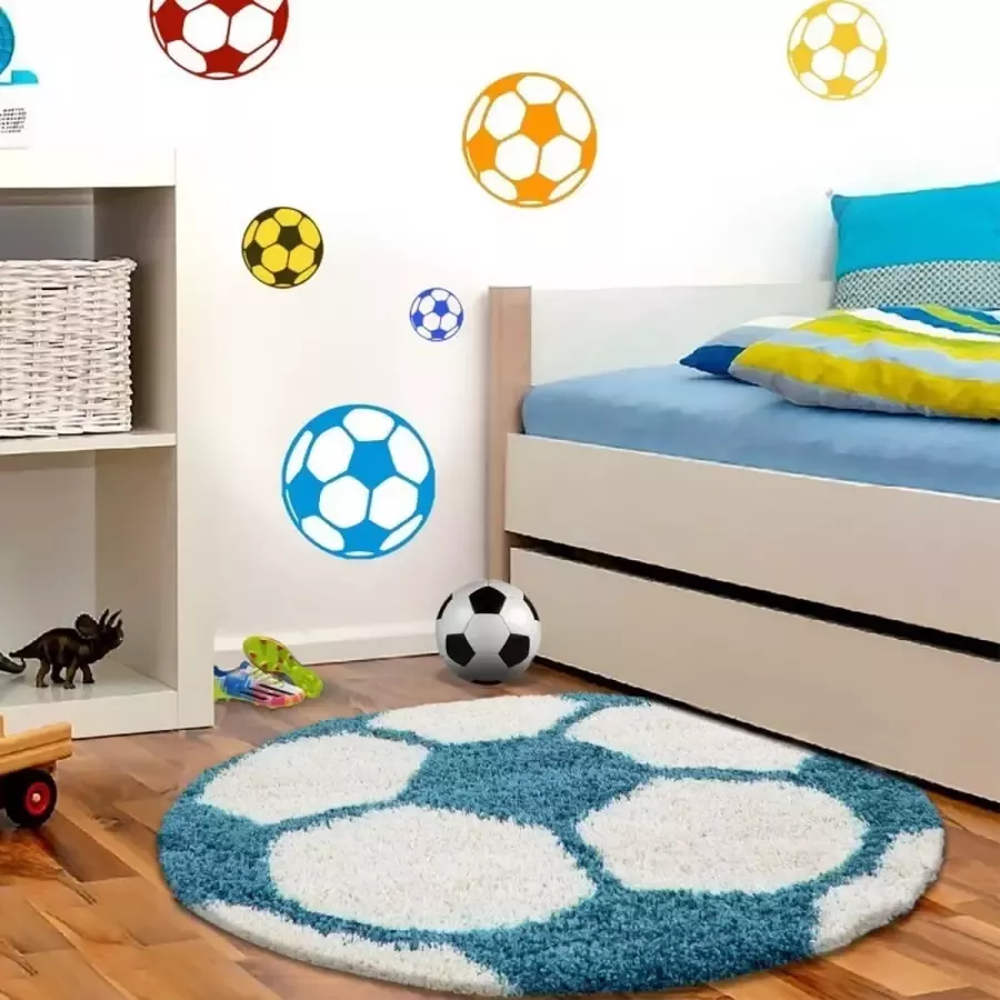 Ayyildiz KinderTapijt voetbal lange draad ruwharige ronde Blauw en Wit