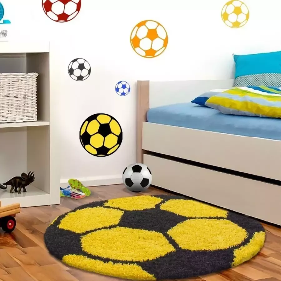 Ayyildiz KinderTapijt voetbal lange draad ruwharige ronde geel Zwarte kleur