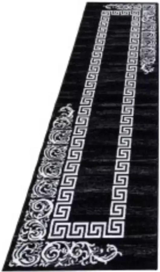 Ayyildiz Loper Gedessineerd Tapijt in Zwart-Wit kleur met Versace en barok design