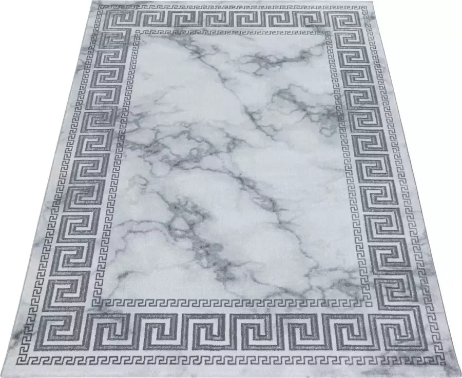 Ayyildiz Loper Modern Tapijt met Marmer en Greek Versace design in grijs-wit-zilver kleuren