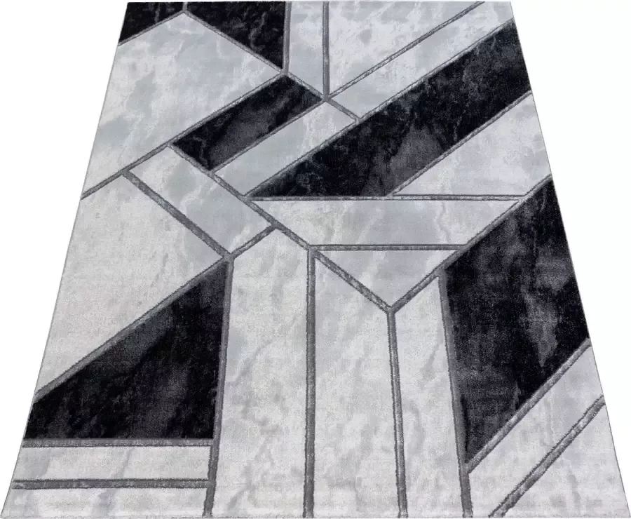 Ayyildiz Loper Modern Tapijt Met Tangram Design Zilver-Grijs-Zwart kleuren