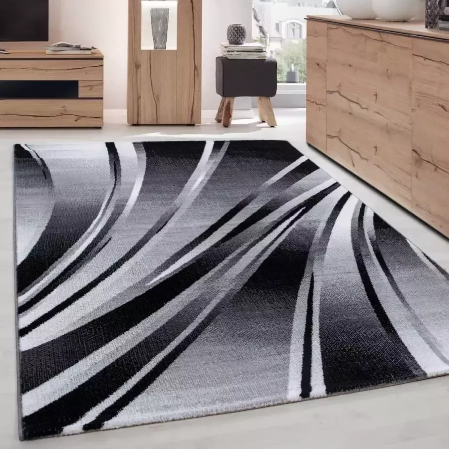 Ayyildiz Modern Desing Tapijt Geometrisch golvend en gestreept ontwerp Zwart Grijs Wit