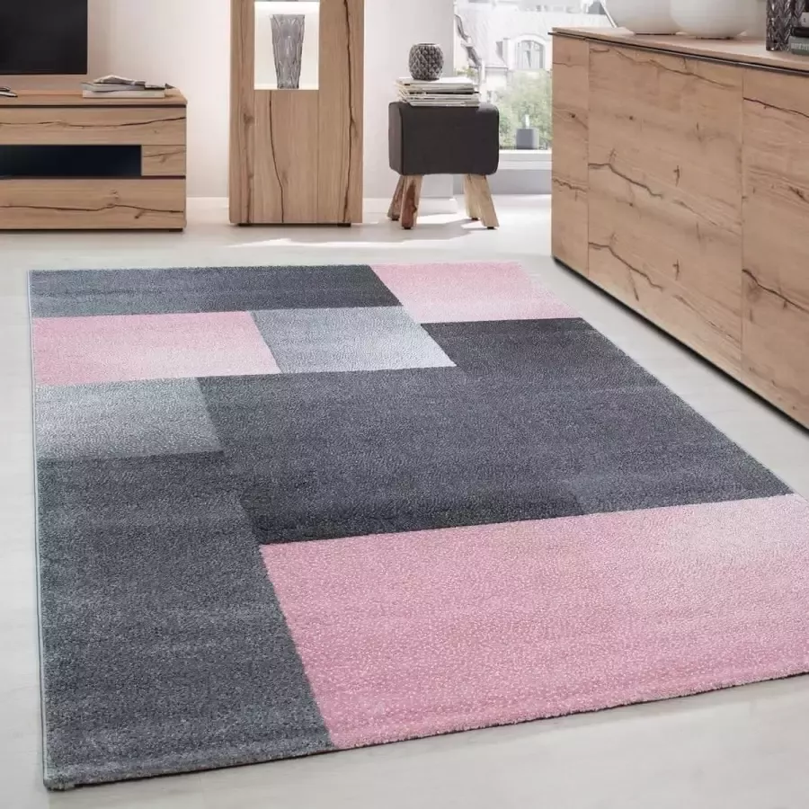 Ayyildiz Modern ontworpen tapijt met blok Desing Tapijt Zwart Grijs Roze