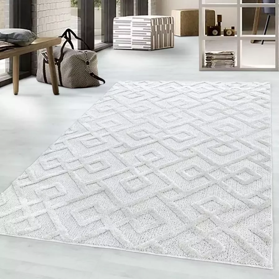 Adana Carpets Hoogpolig vloerkleed geometrisch patroon crèmekleur woonkamerkleed jute achterkant afmeting: 160 cm x 230 cm