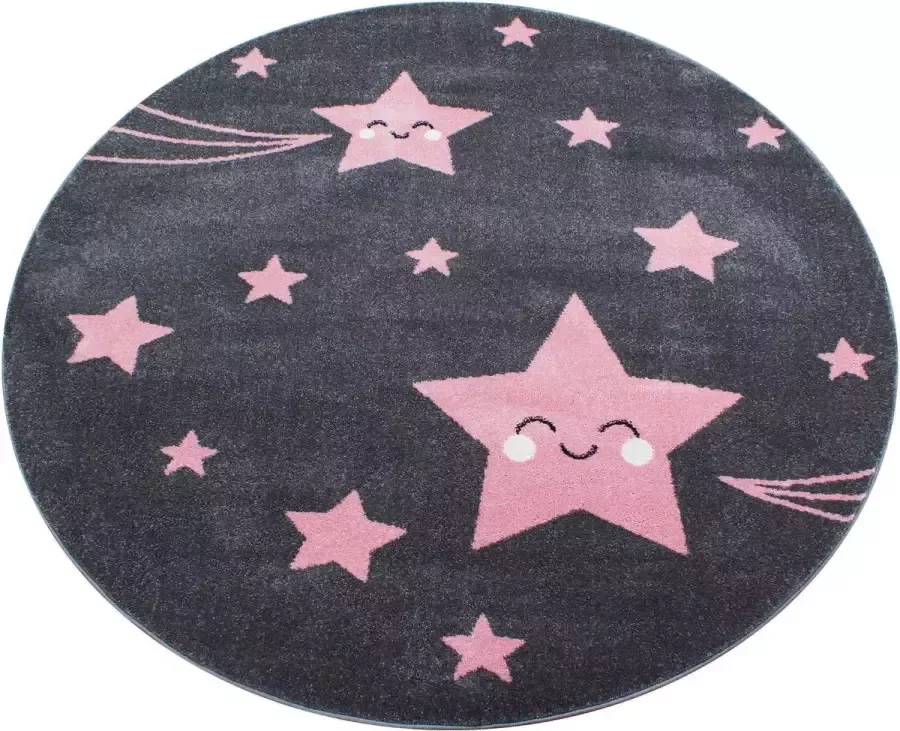 Ayyildiz Rond Kinderkamer Tapijt met sterren Grijs-Roze kleuren