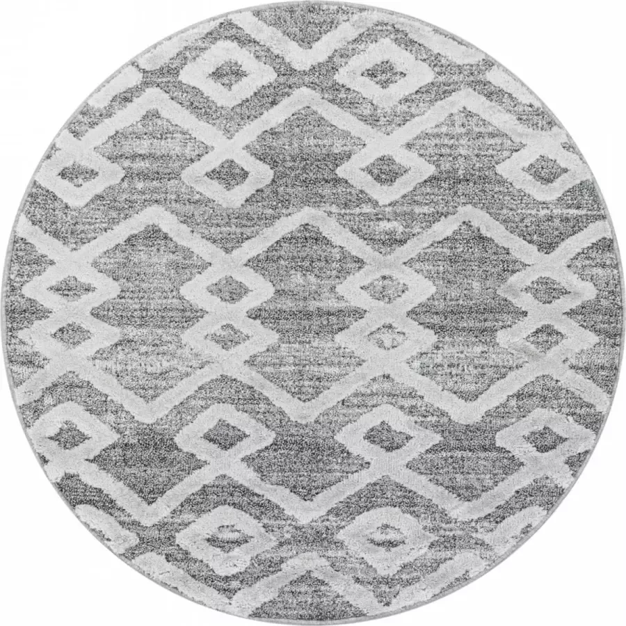 Ayyildiz Rond Modern designtapijt met gevlochten vierkantjes in de kleur grijs en wit