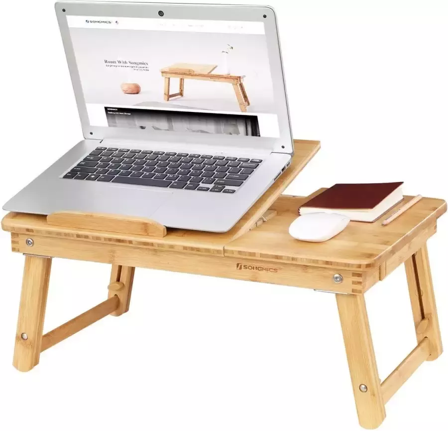 AZ-Home In hoogte verstelbare laptoptafel met lade opvouwbare laptoptafel van bamboe tafel voor lezen of ontbijt en tekentafel 55 x (21-29) x 35 cm