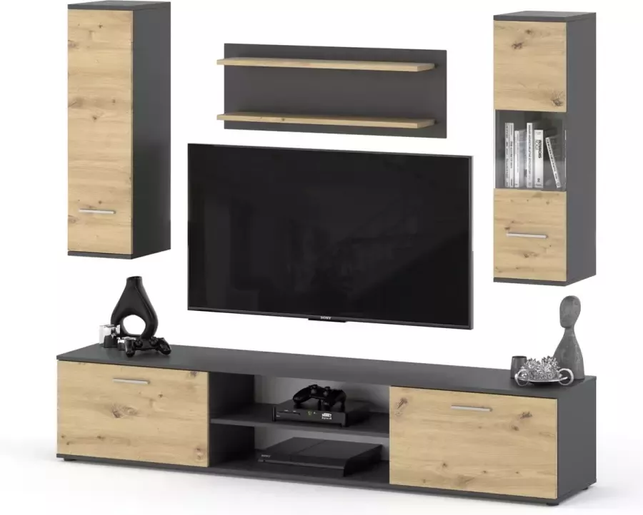 AZ-Home Tv meubel Set WOW Antraciet Eiken 205 cm Tv Kast Wandmeubel