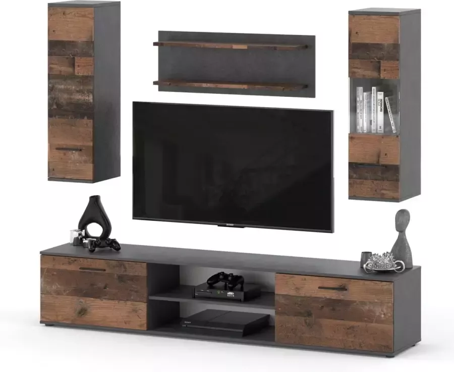 AZ-Home Tv meubel Set WOW Donkergrijs Old wood- 205 cm Tv Kast Wandmeubel