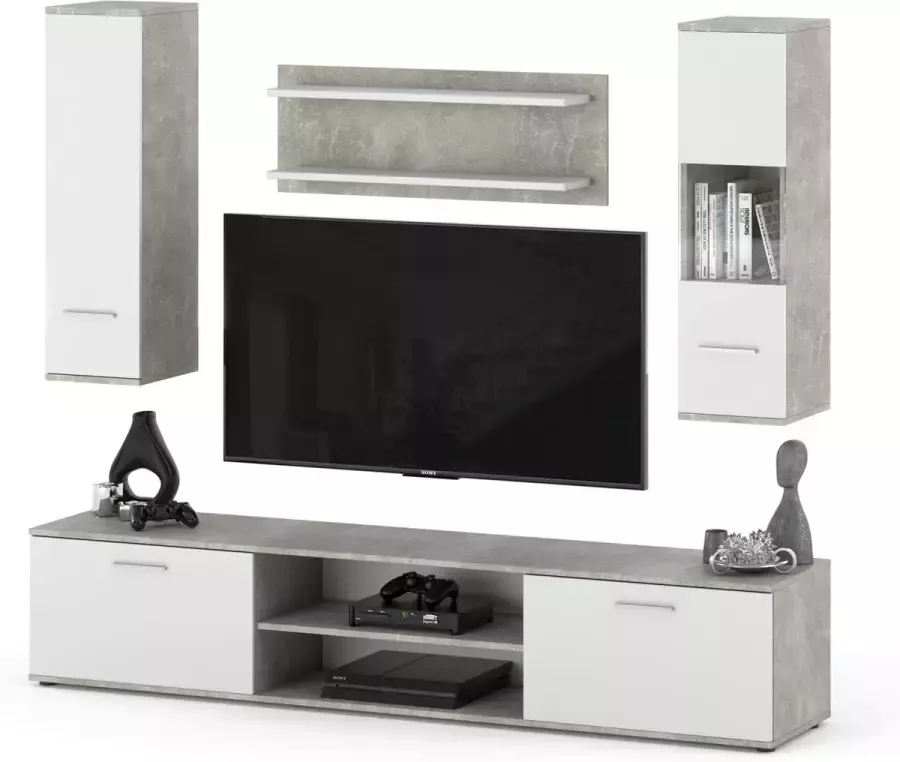 AZ-Home Tv meubel Set WOW Grijs (Betonlook) Wit- 205 cm Tv Kast Wandmeubel