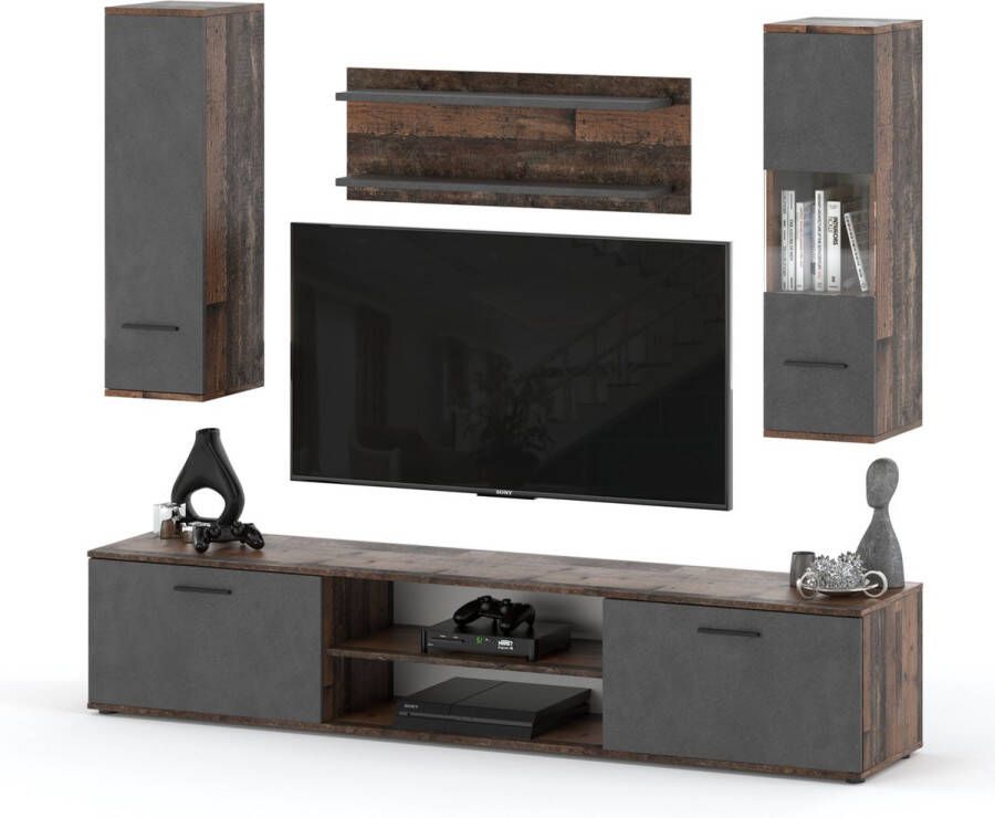 AZ-Home Tv meubel Set WOW Old Style Donkergrijs 205 cm Tv Kast Wandmeubel