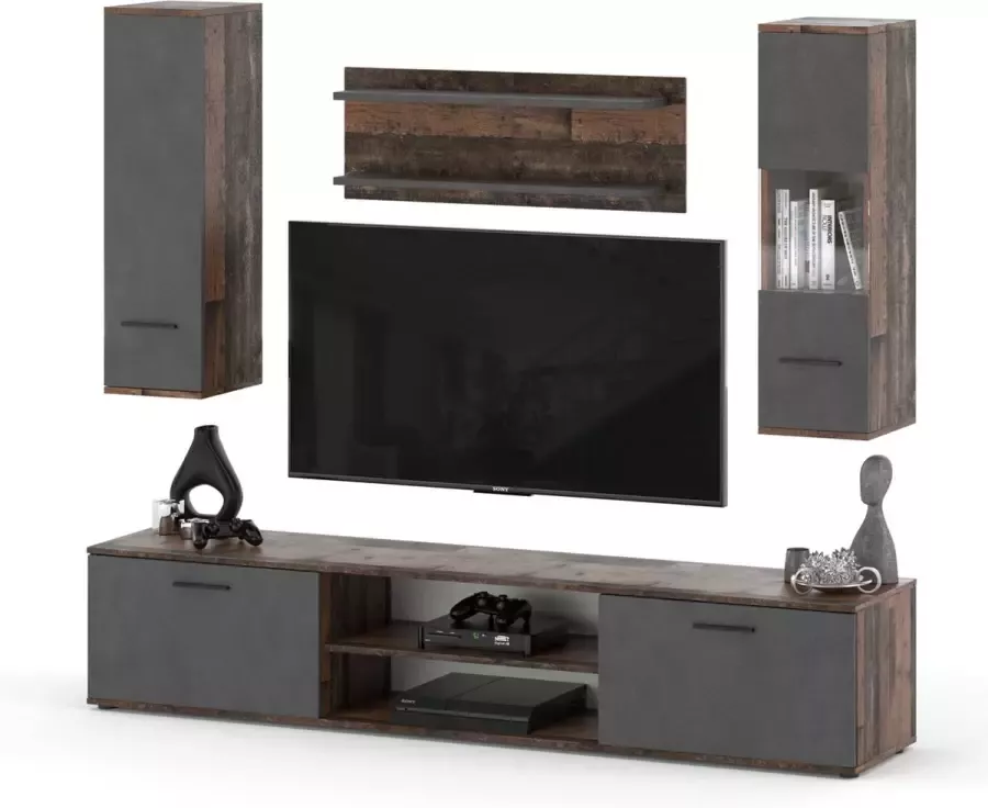 AZ-Home Tv meubel Set WOW Old Style Donkergrijs 205 cm Tv Kast Wandmeubel