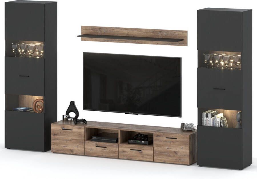 AZ-Home Wandmeubel Alen 1 320 cm Tv Meubel Set Antraciet Eiken Bijoux Kast LED