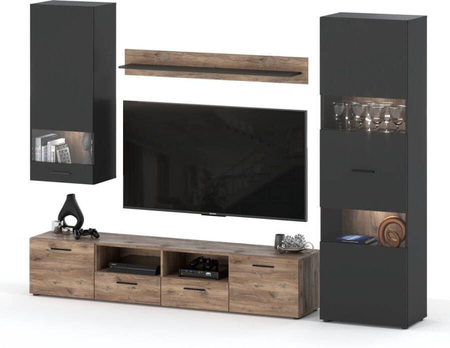 AZ-Home Wandmeubel Alen 2 260 cm- Tv Meubel Set Antraciet Eiken Bijoux Kast LED