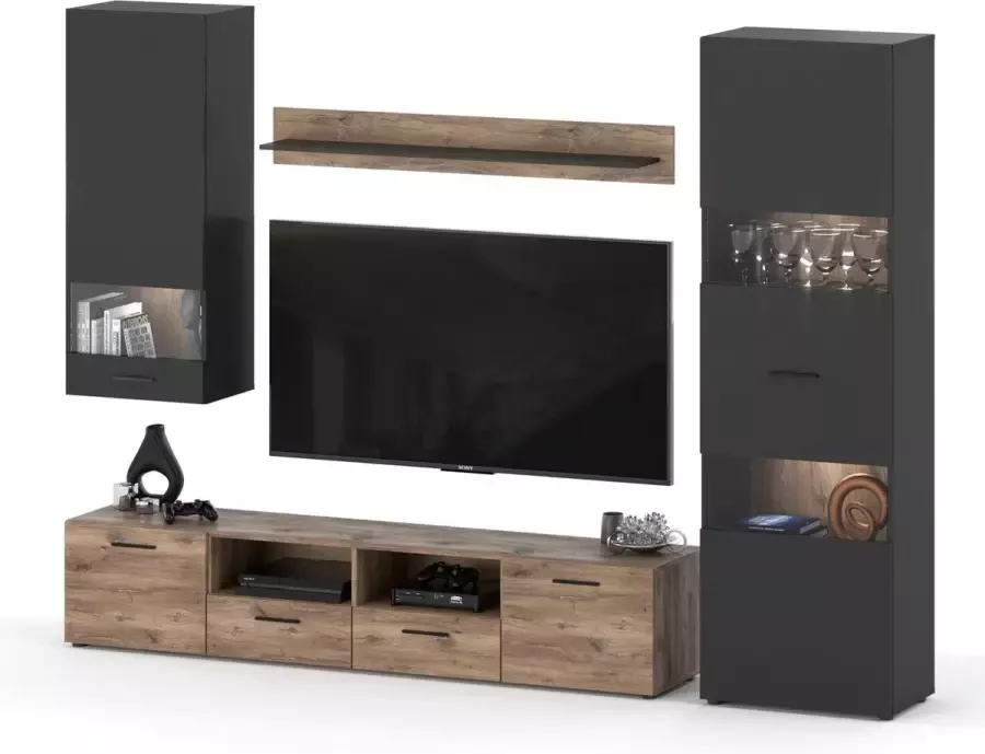 AZ-Home Wandmeubel Alen 2 260 cm- Tv Meubel Set Antraciet Eiken Bijoux Kast LED