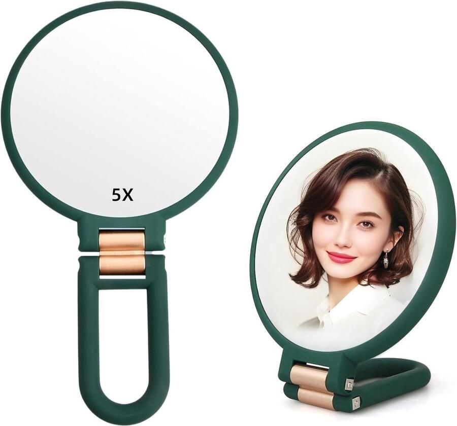 Azalia 1X 5X Handspiegel met Handvat voor op Reis Vergrootspiegel Vergroting Draaibaar Handvat Dubbelzijdig Opvouwbaar Spiegel voor Vrouwen voor Make-up Reizen Tafel Bureau en Scheren
