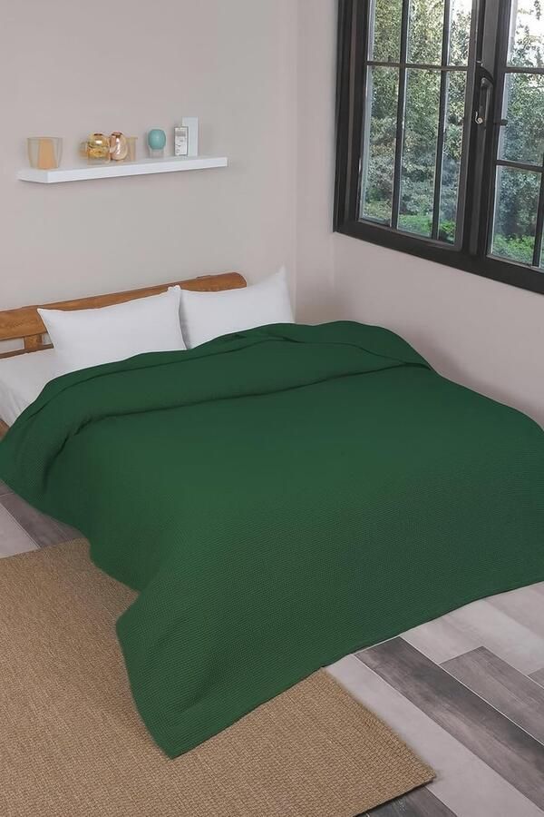 Azomor Dubbele katoenen sprei in donkergroen wafelpatroon voor bed en bank