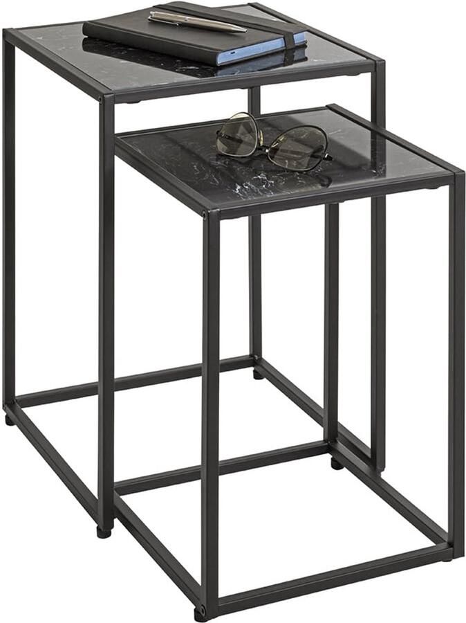 Azomor Elegant set van twee bijzettafels met zwart marmeren uitstraling