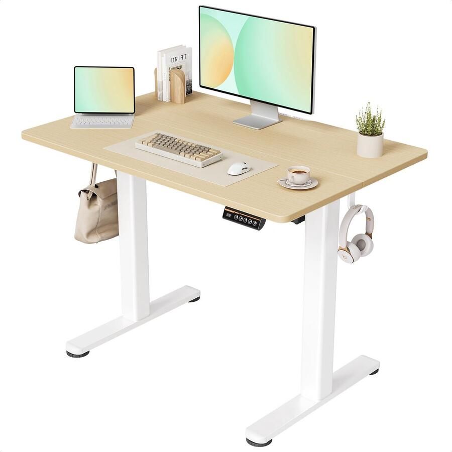 Azomor Elektrisch verstelbaar bureau met wit frame en beige blad voor ergonomisch werken