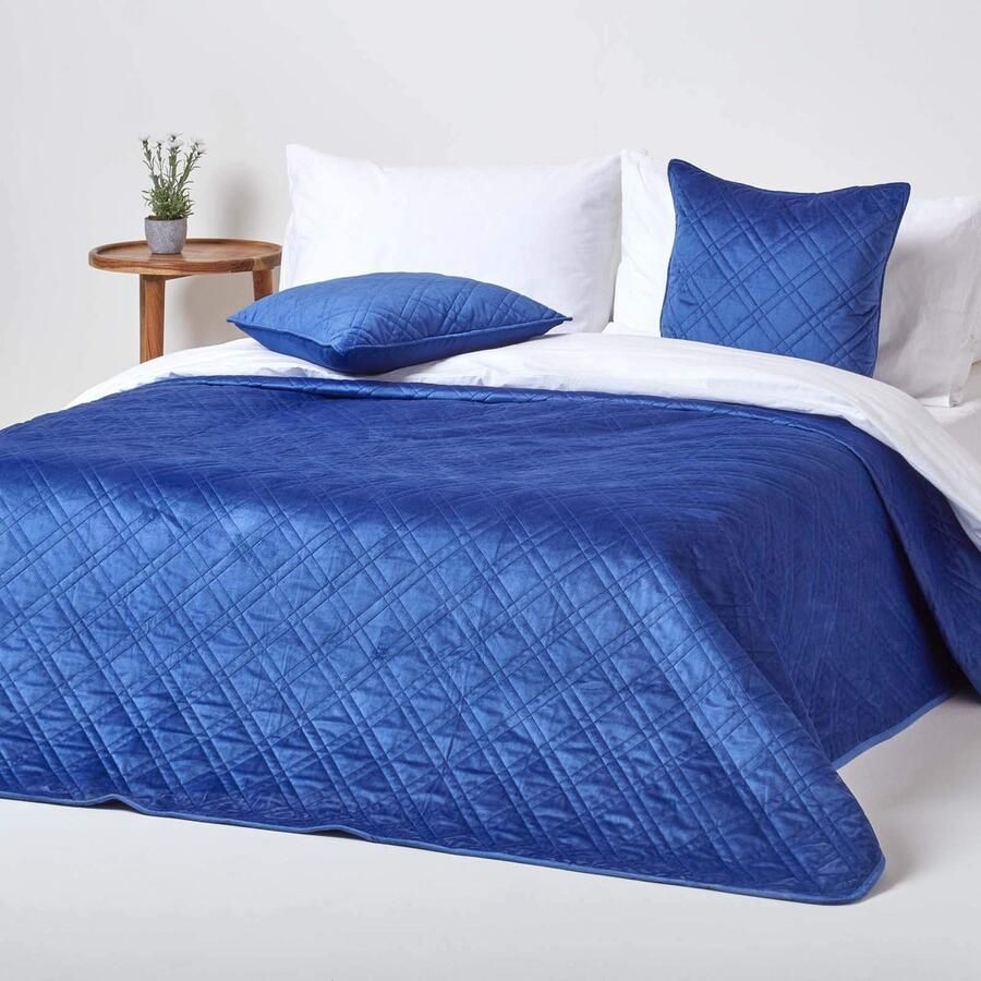 Azomor Fluweelzachte blauwe sprei met geometrisch patroon voor tweepersoonsbed