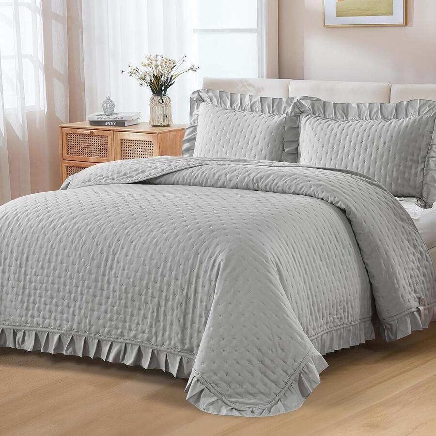 WONGS BEDDING Sprei 220x240 Sprei Grijze Deken Gewatteerde Deken 3-Delig Tweepersoonsbed Gewatteerde Sprei Veelzijdige Deken met 2 Kussenslopen 50x75 voor Slaapkamer als Banksprei