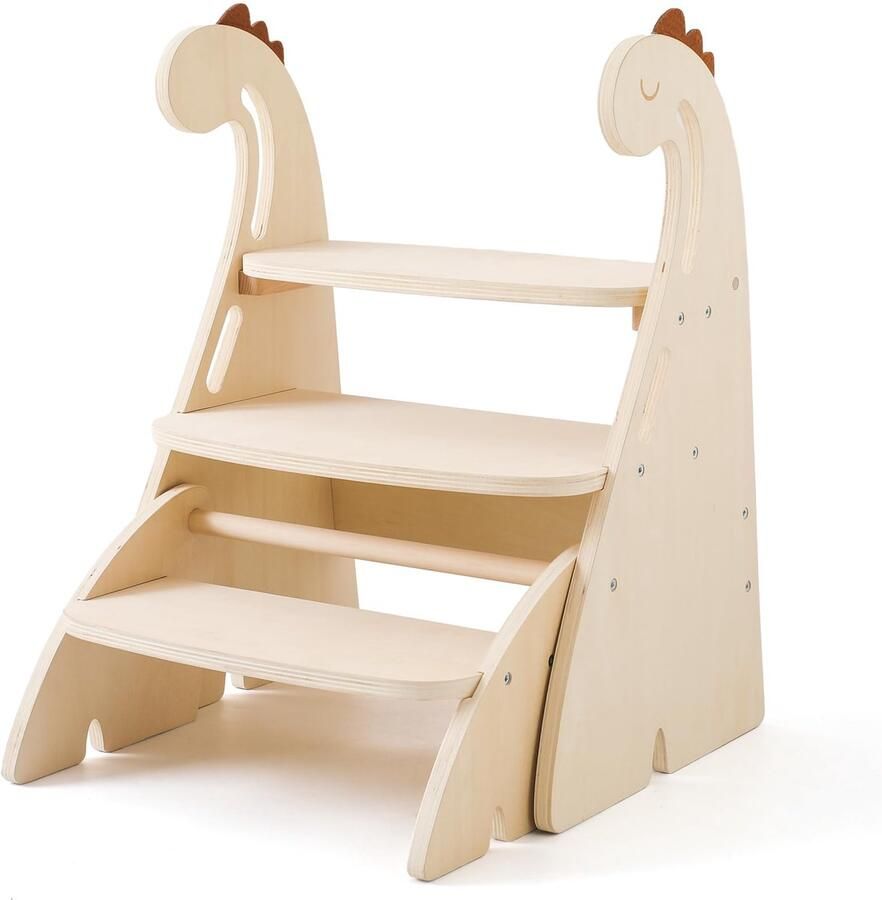 Azomor Houten Dinostapkruk met Drie Treden voor Kinderen van 3 tot 6 Jaar