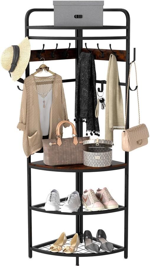 Azomor Industriële hoekkapstok met opbergrekken en verstelbare haken zwart en bruin