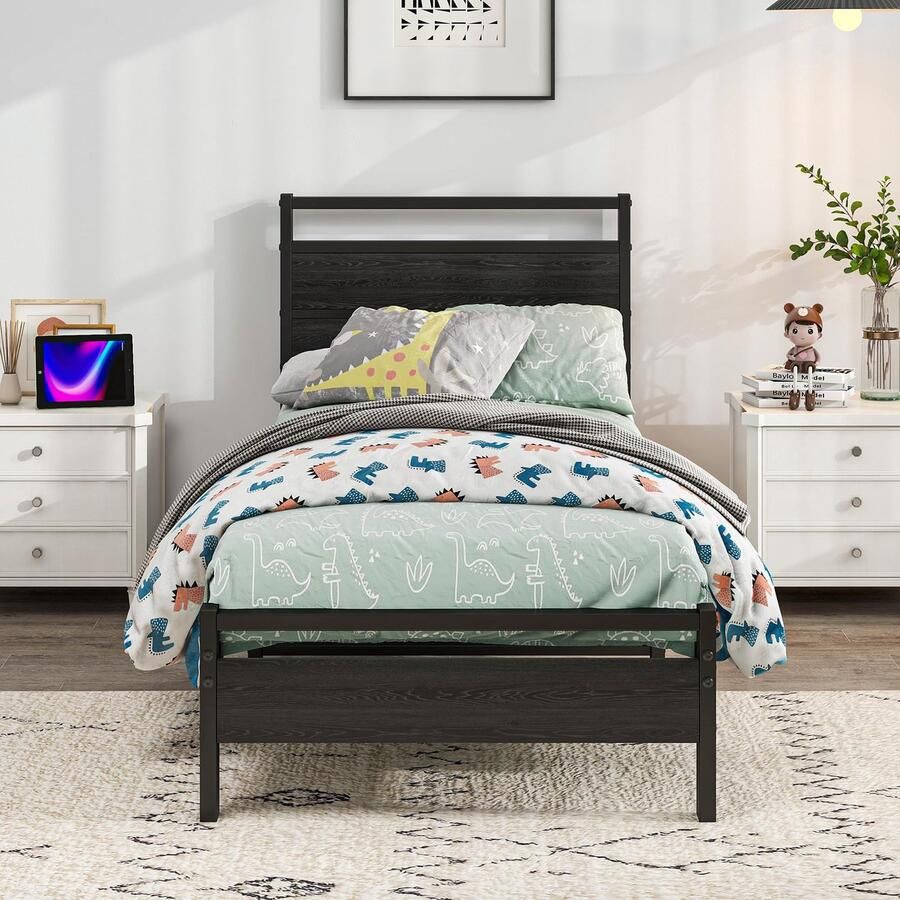 Azomor Metalen bedframe met houten hoofdbord en opbergruimte voor eenpersoonsbed