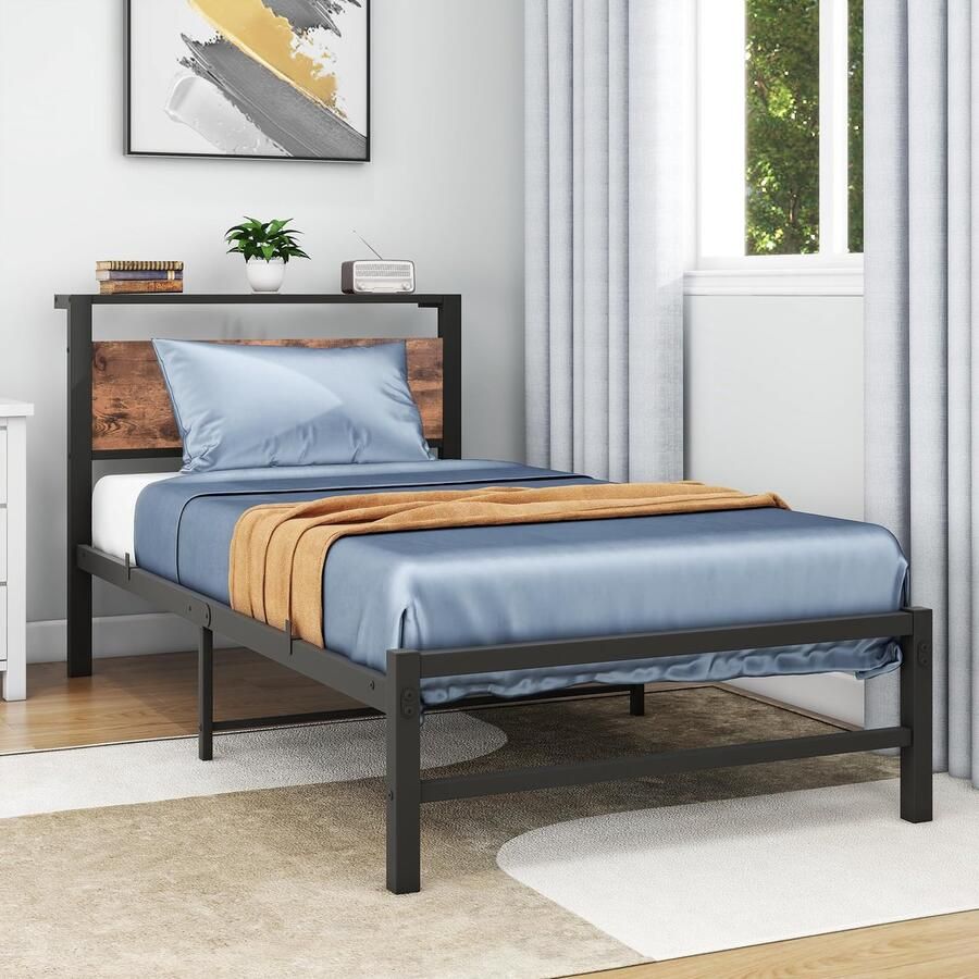 Azomor Metalen bedframe met houten hoofdsteun en opbergruimte voor slaapkamer