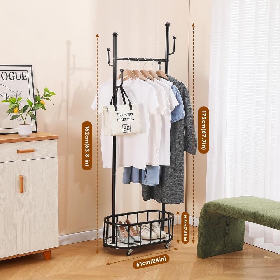 Azomor Mobiel kledingrek met opbergmand en wielen voor veelzijdig gebruik in huis